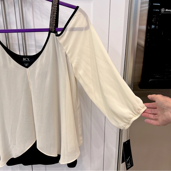 BCX Champagne and Black Beaded Strap Cold Shoulder Top - Picture 5 of 8